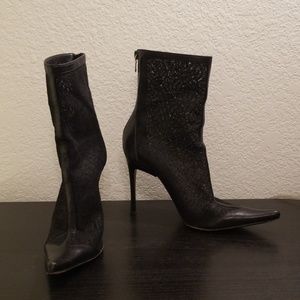 Casadei Lace Leather Stiletto Point Boots Black 7